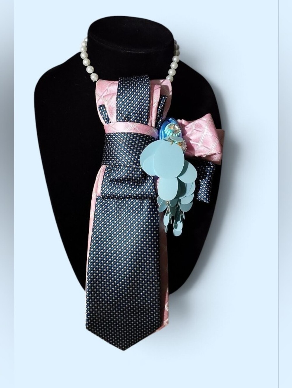 Pearl Accent Navy & Pink Statement Necktie Necklace - Picture 2 of 3